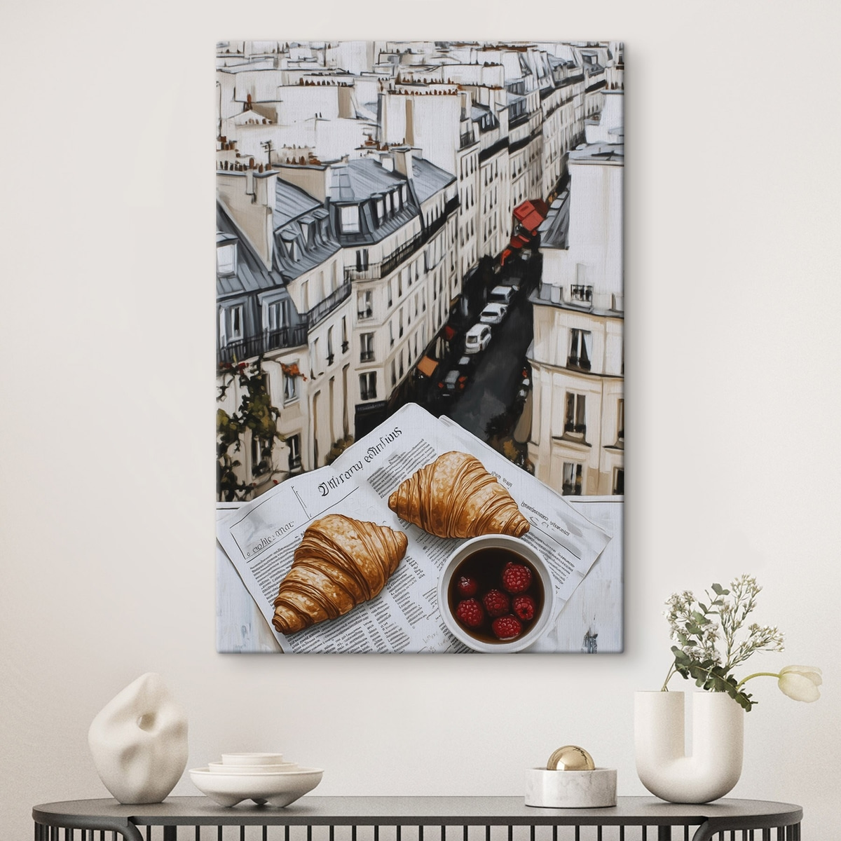 Ochtendkoffie met croissants, stadsstraat, architectuur, olieverfstijl — interieur 1