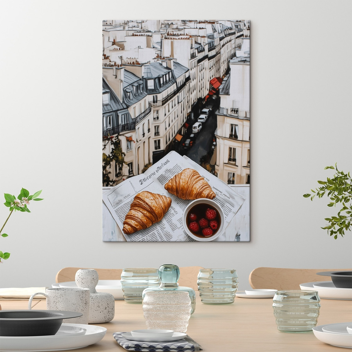 Ochtendkoffie met croissants, stadsstraat, architectuur, olieverfstijl — interieur 2