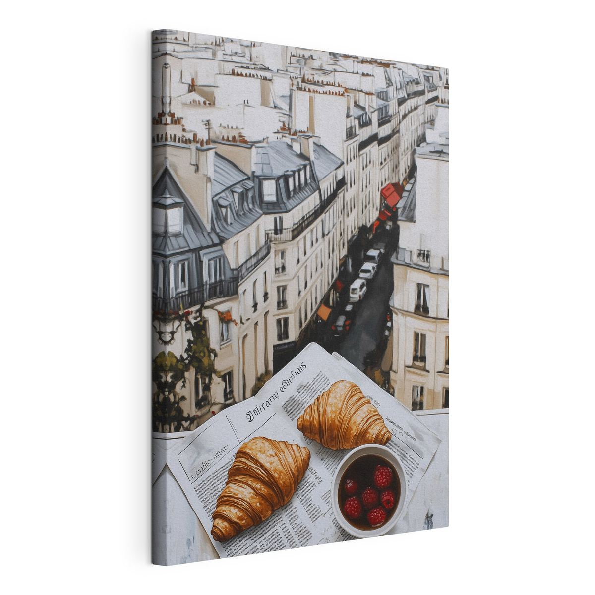 Ochtendkoffie met croissants, stadsstraat, architectuur, olieverfstijl — productweergave