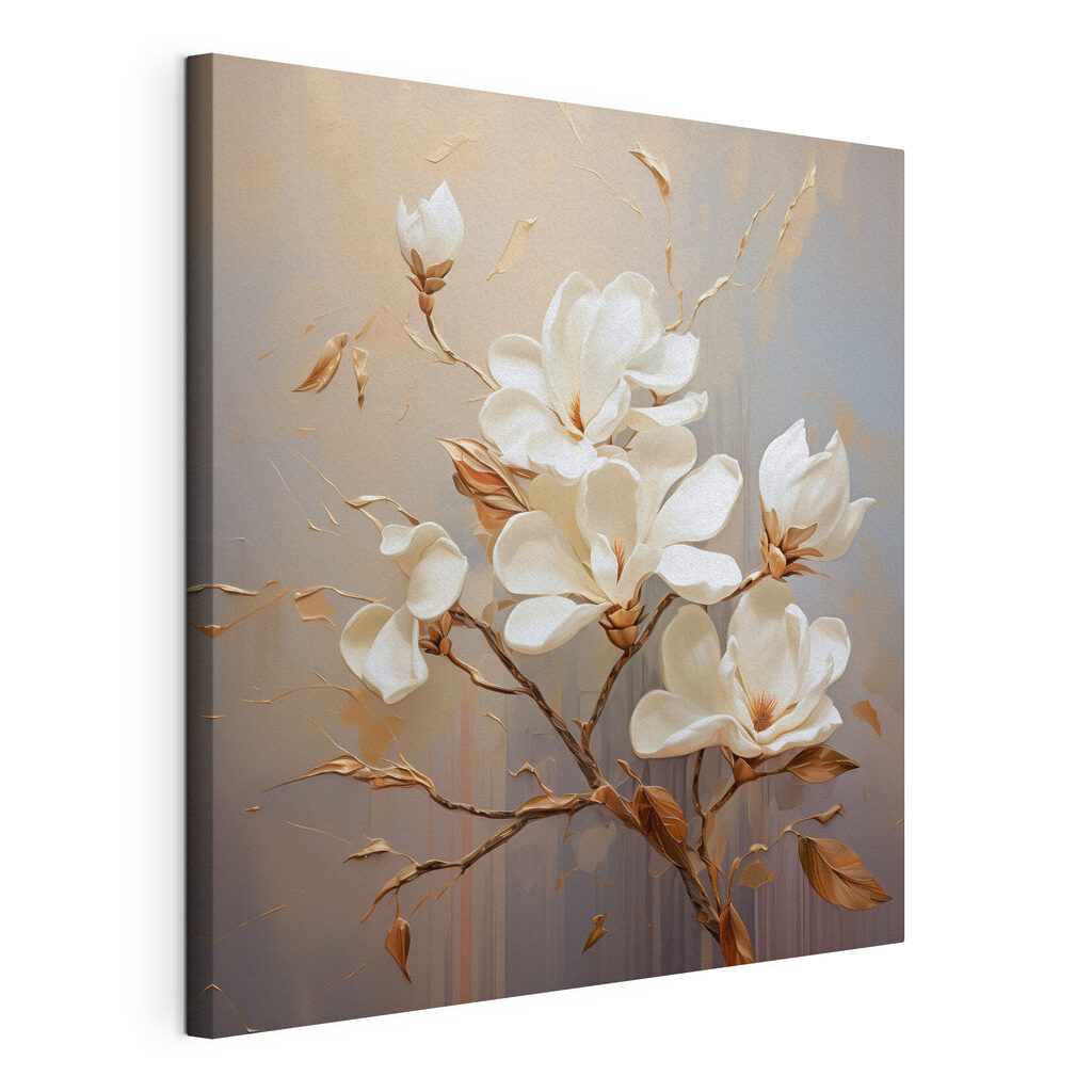Witte magnolia op takken, gespannen canvas met doorlopende rand