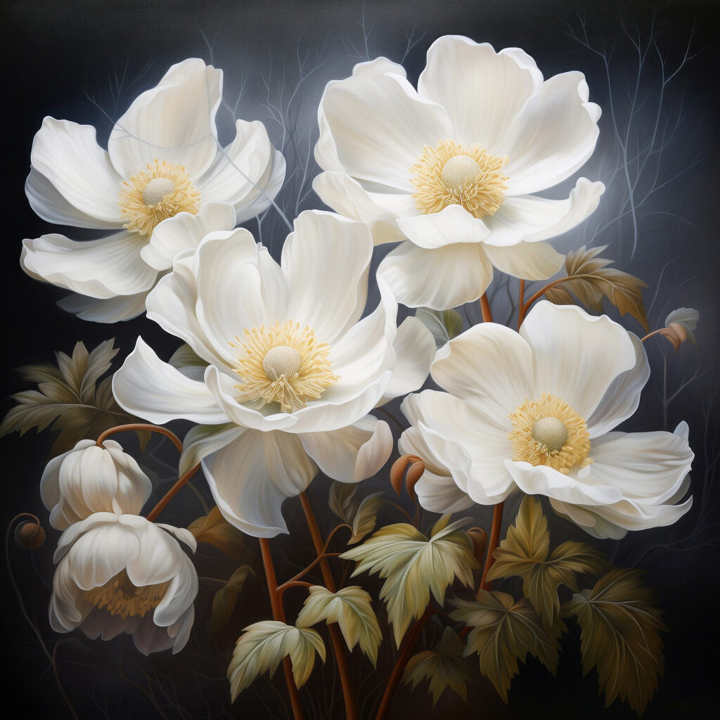 Witte bloemen boven nachtblauw — volledig ontwerp