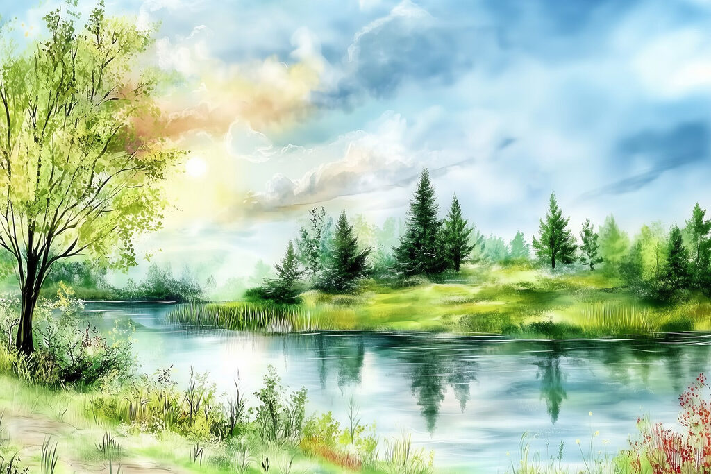 Groene oever onder zomerwolken — volledig ontwerp