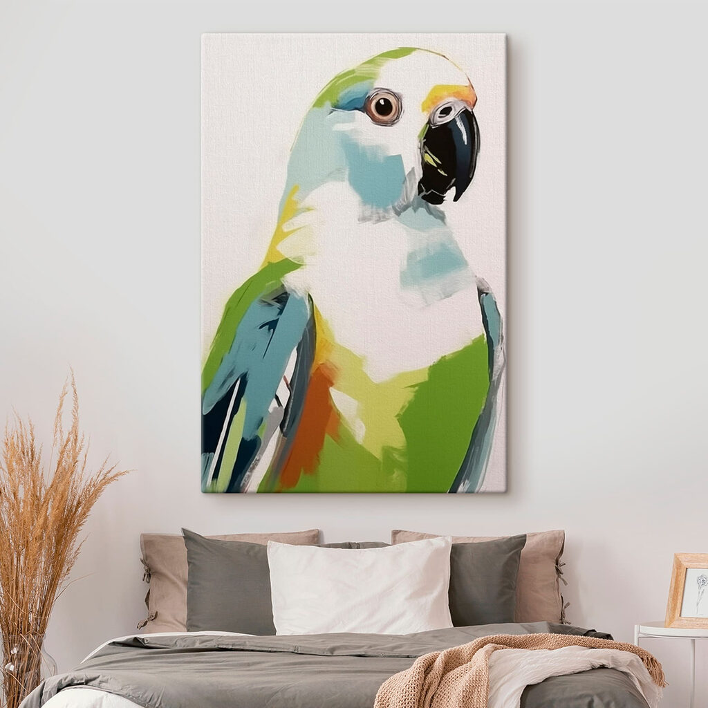 Groene papegaai in verfvlakken — interieur 2
