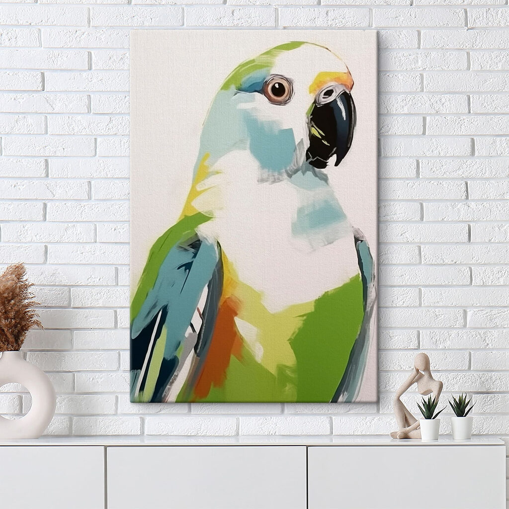 Groene papegaai in verfvlakken — interieur 1