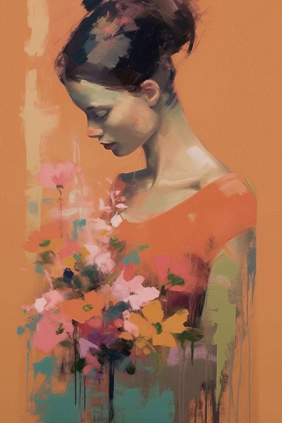 Oranje jurk met bloemen — volledig ontwerp