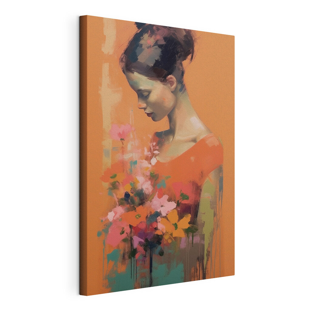 Oranje jurk met bloemen, gespannen canvas met doorlopende rand