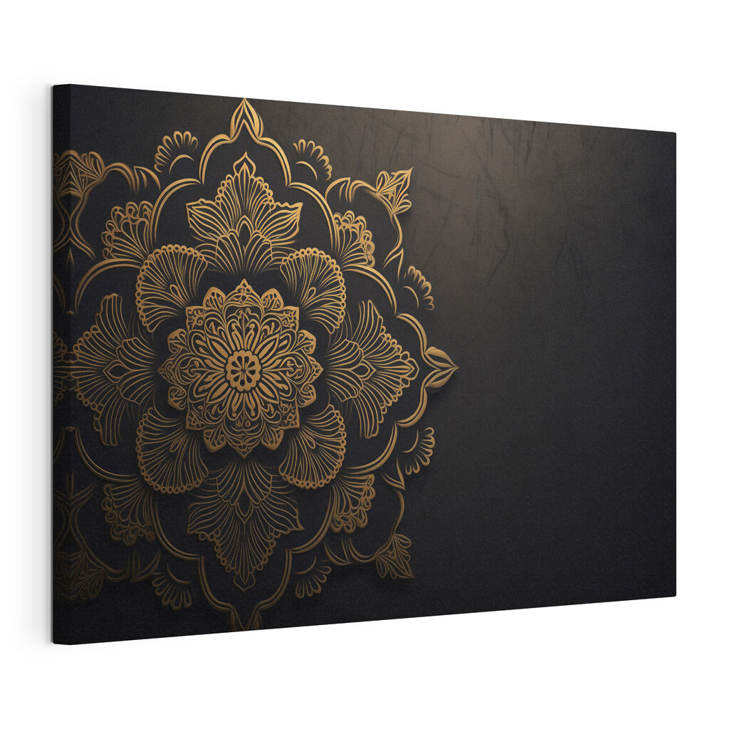 Gouden mandala op zwart, gespannen canvas met doorlopende rand