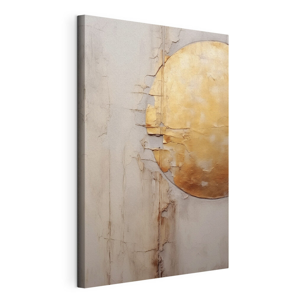 Gouden cirkel op grijs, gespannen canvas met doorlopende rand