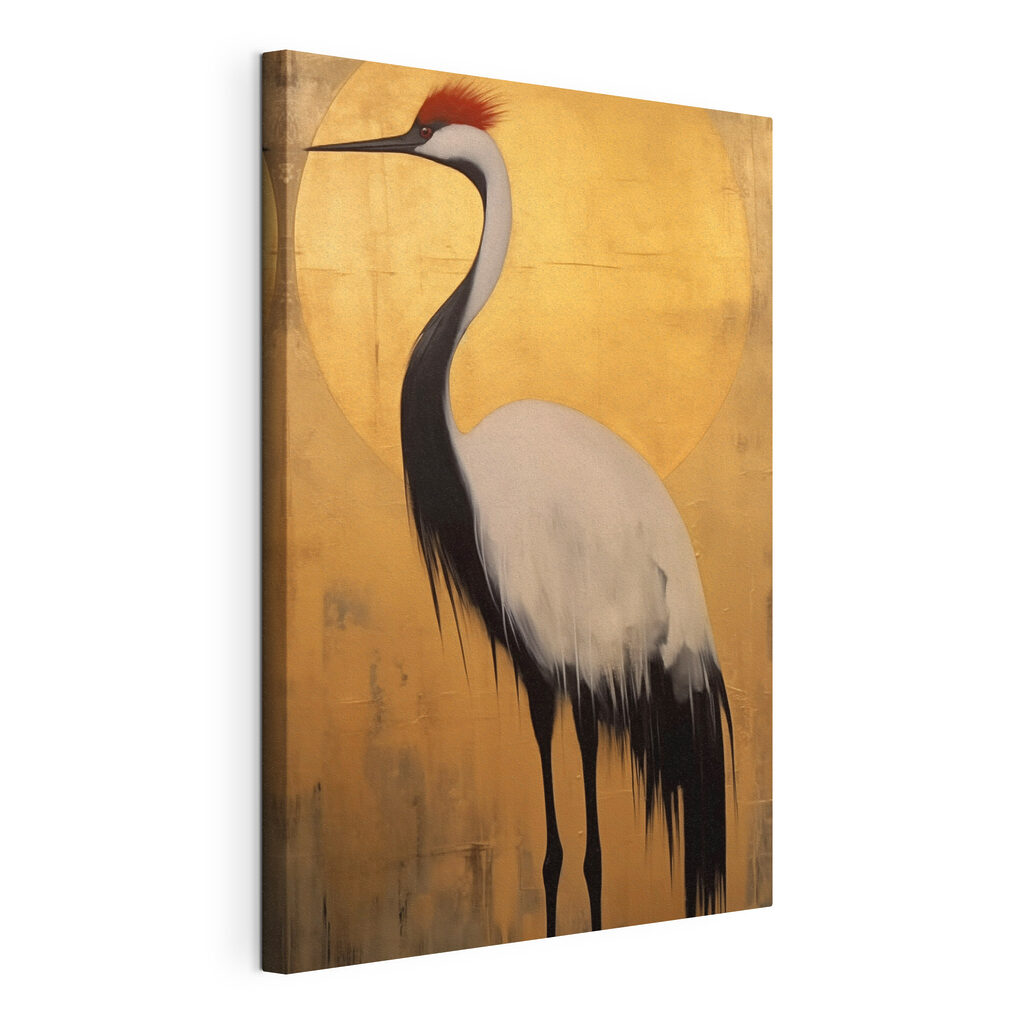Kraanvogel op gouden achtergrond, gespannen canvas met doorlopende rand