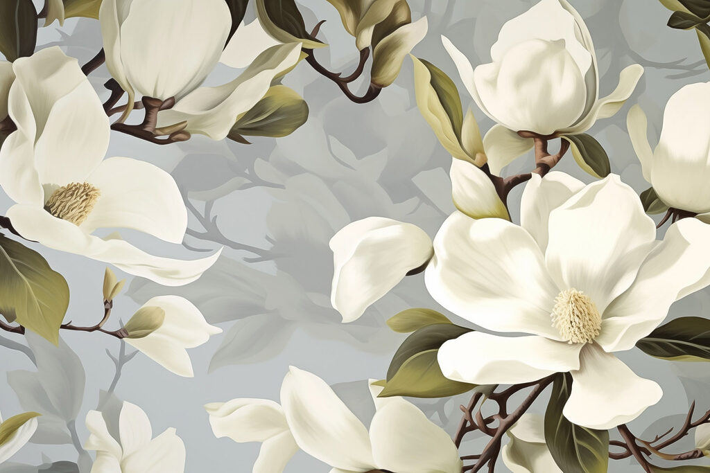 Roomwitte magnolia tussen grijsgroen — volledig ontwerp