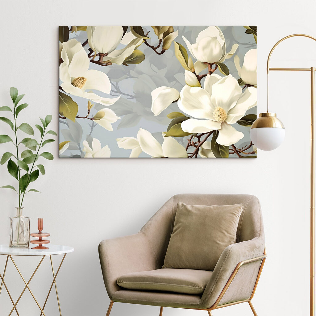 Roomwitte magnolia tussen grijsgroen — interieur 1