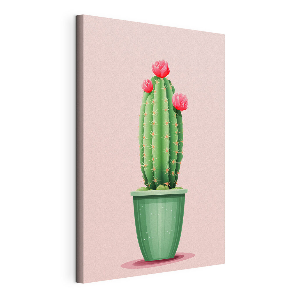 Groene cactus op pastelroze, gespannen canvas met doorlopende rand