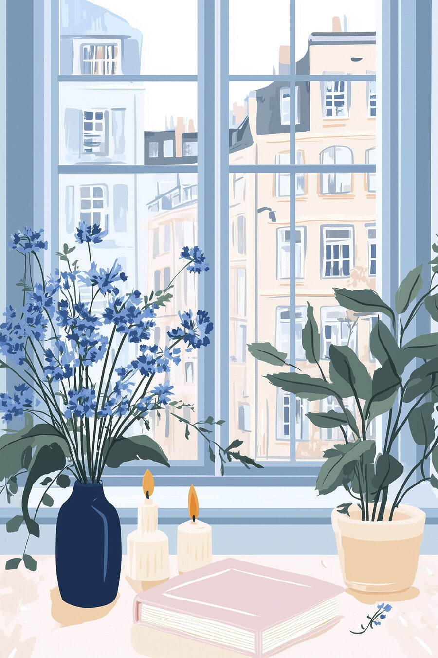 Blauwe bloemen bij stadsraam — volledig ontwerp