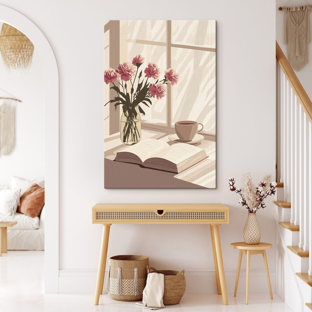 Boek en een vaas bloemen in een interieur