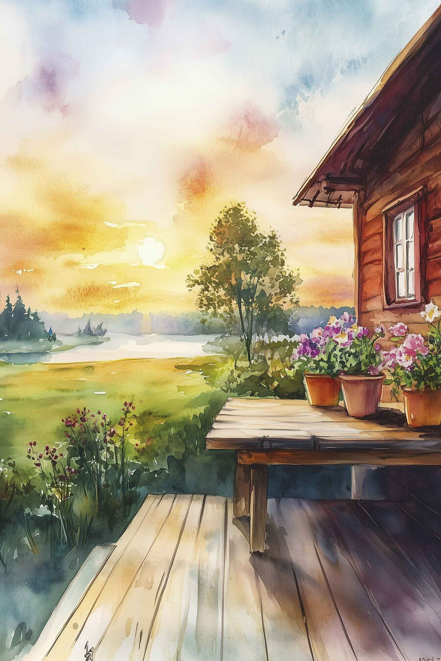 Houten veranda in avondzon — volledig ontwerp