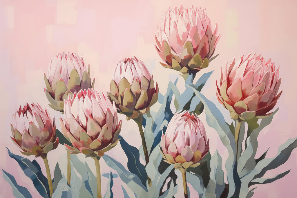 Roze protea op pastelvlakken — volledig ontwerp