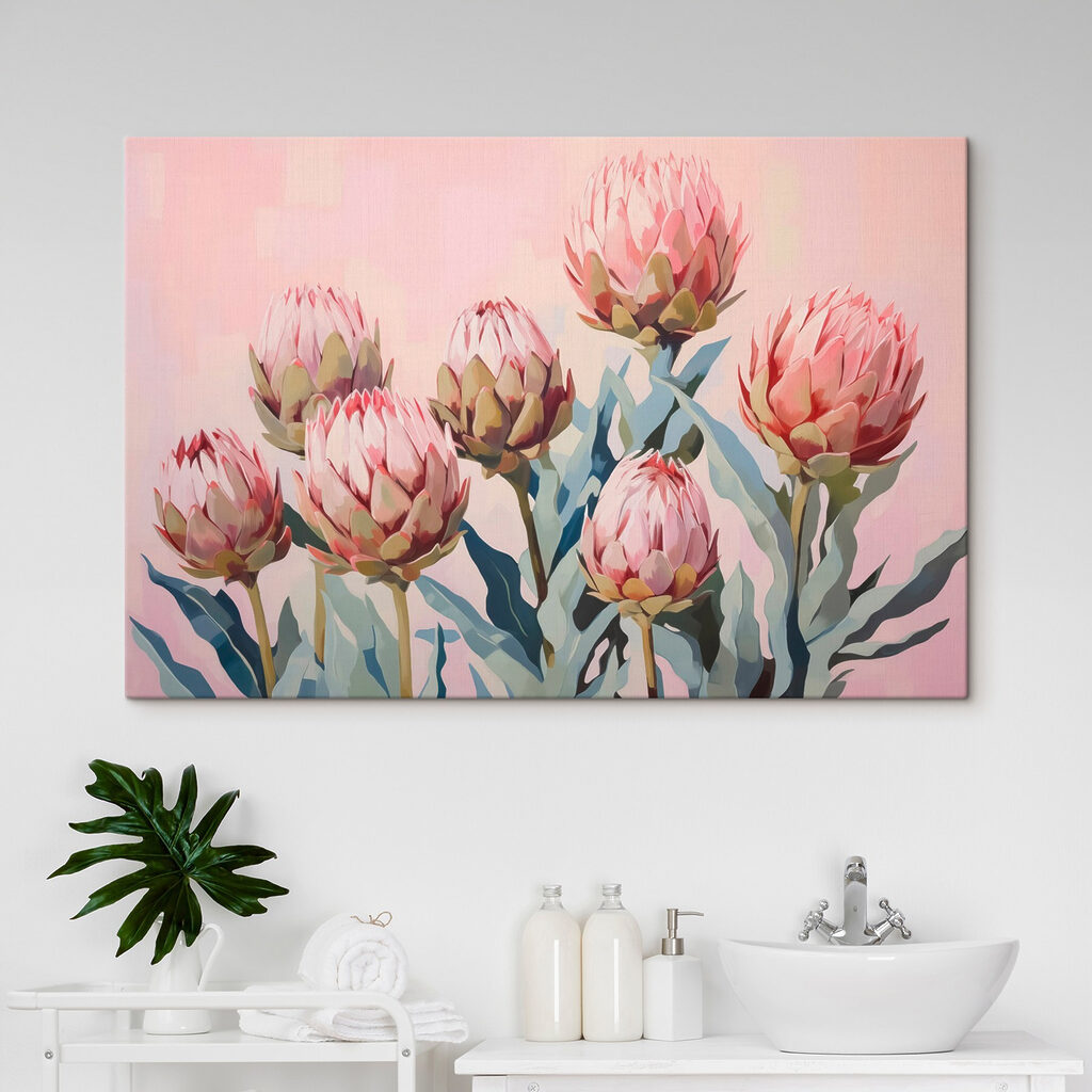 Roze protea op pastelvlakken — interieur 2