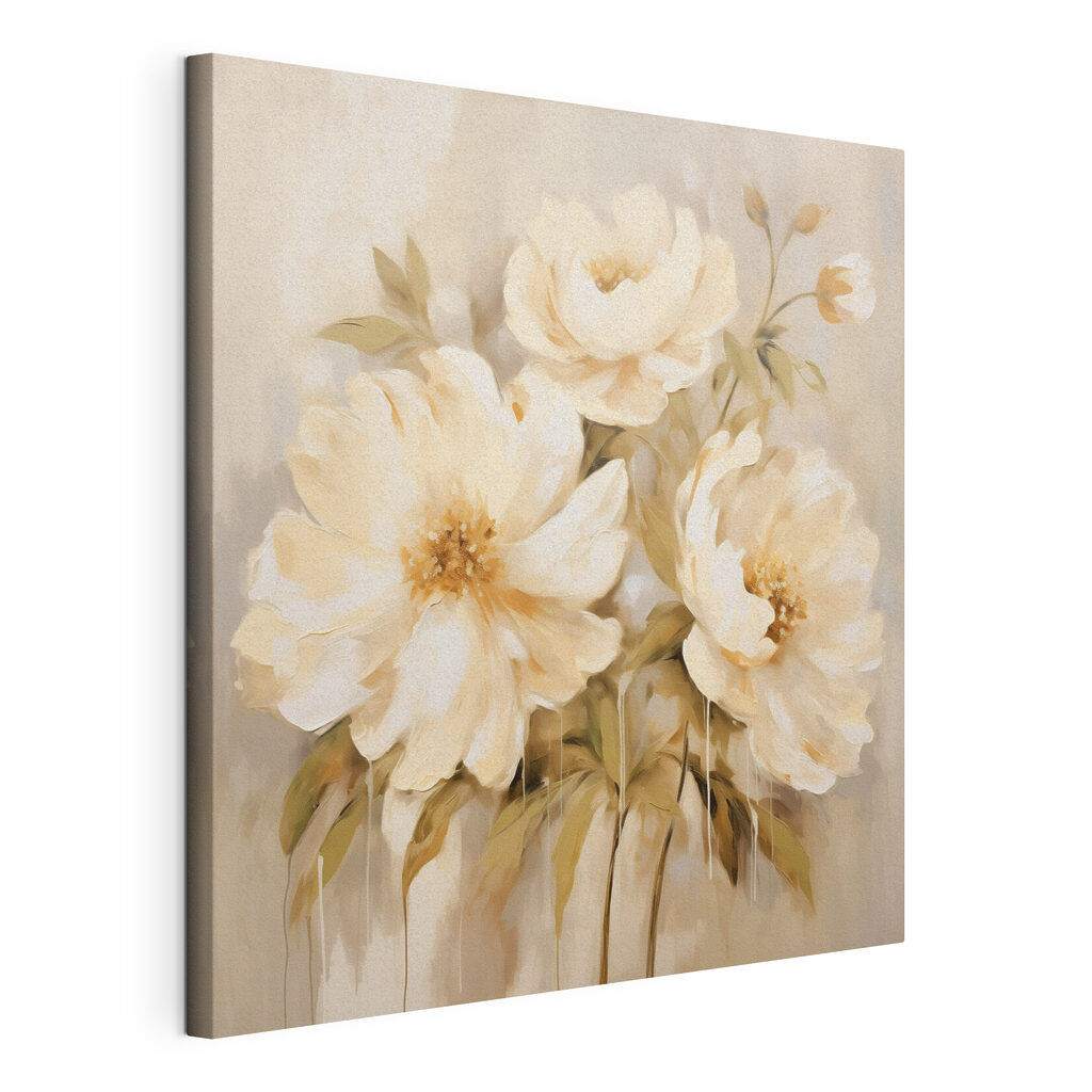 Roomwitte bloemen op beige, gespannen canvas met doorlopende rand