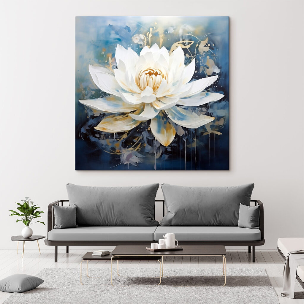 Schilderij van een witte bloem in een interieur