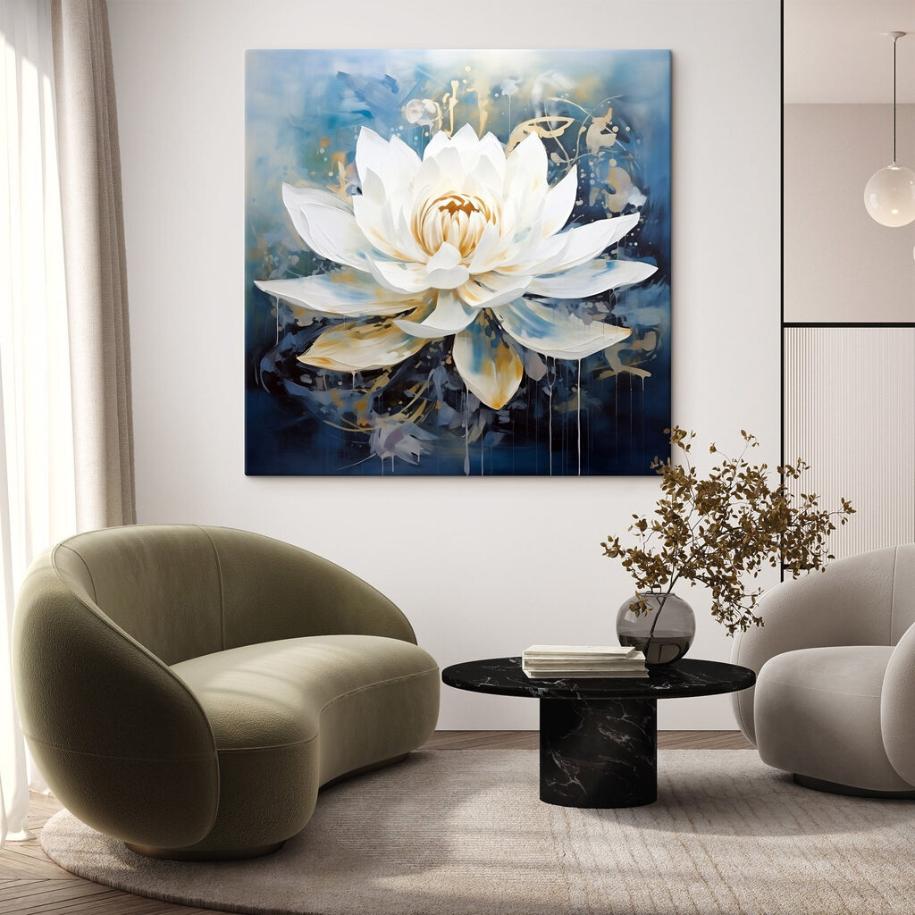 Witte lotus in blauwnevel — interieur 2