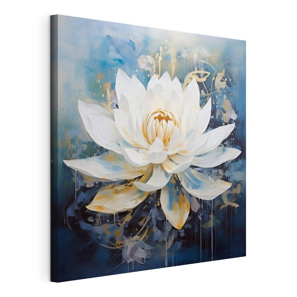 Witte lotus in blauwnevel, gespannen canvas met doorlopende rand