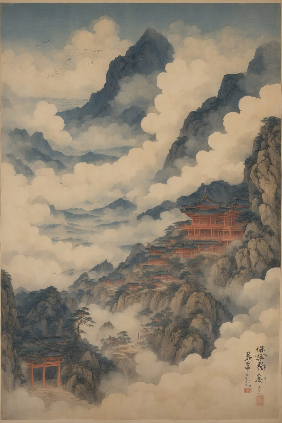 Schilderij van een tempel op een berg — volledig ontwerp