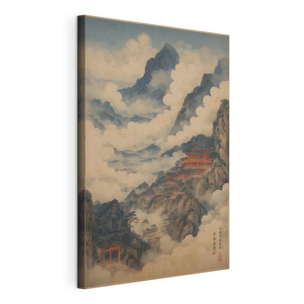 Schilderij van een tempel op een berg, gespannen canvas met doorlopende rand