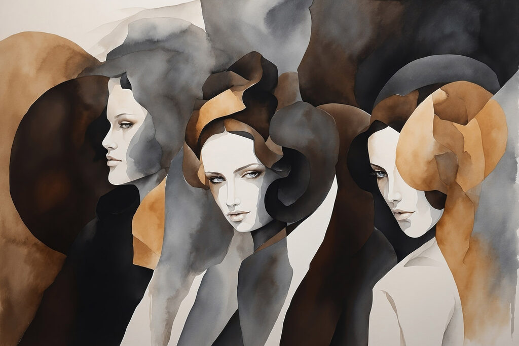 Drie vrouwen tussen aardevormen — volledig ontwerp