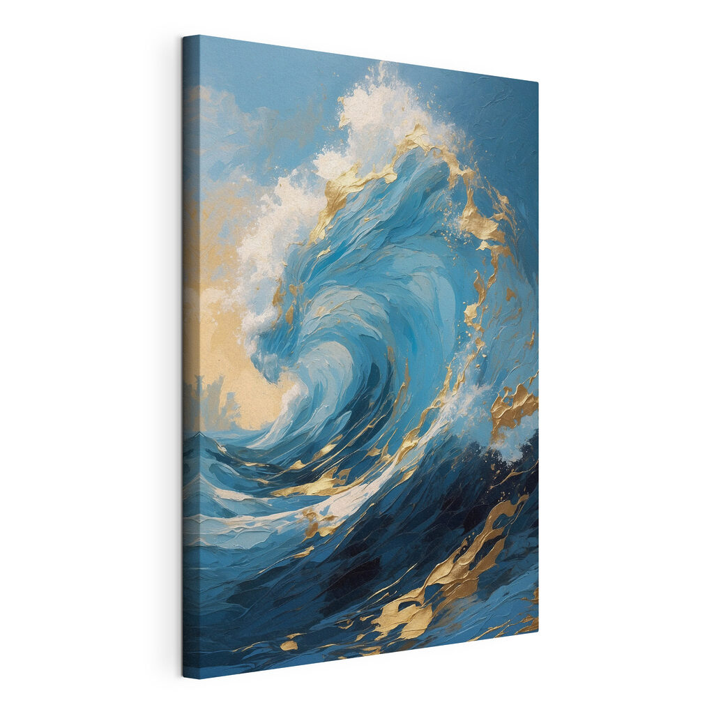 Blauwe golf met goudschuim, gespannen canvas met doorlopende rand