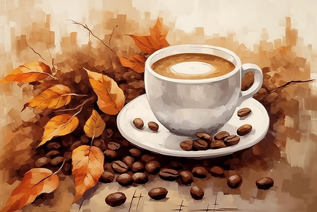 Koffie tussen gouden herfstbladeren — volledig ontwerp