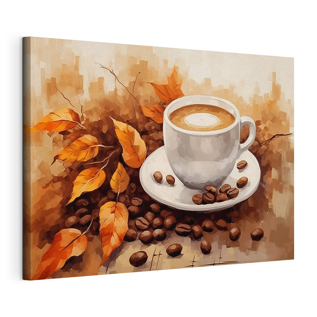Koffie tussen gouden herfstbladeren, gespannen canvas met doorlopende rand