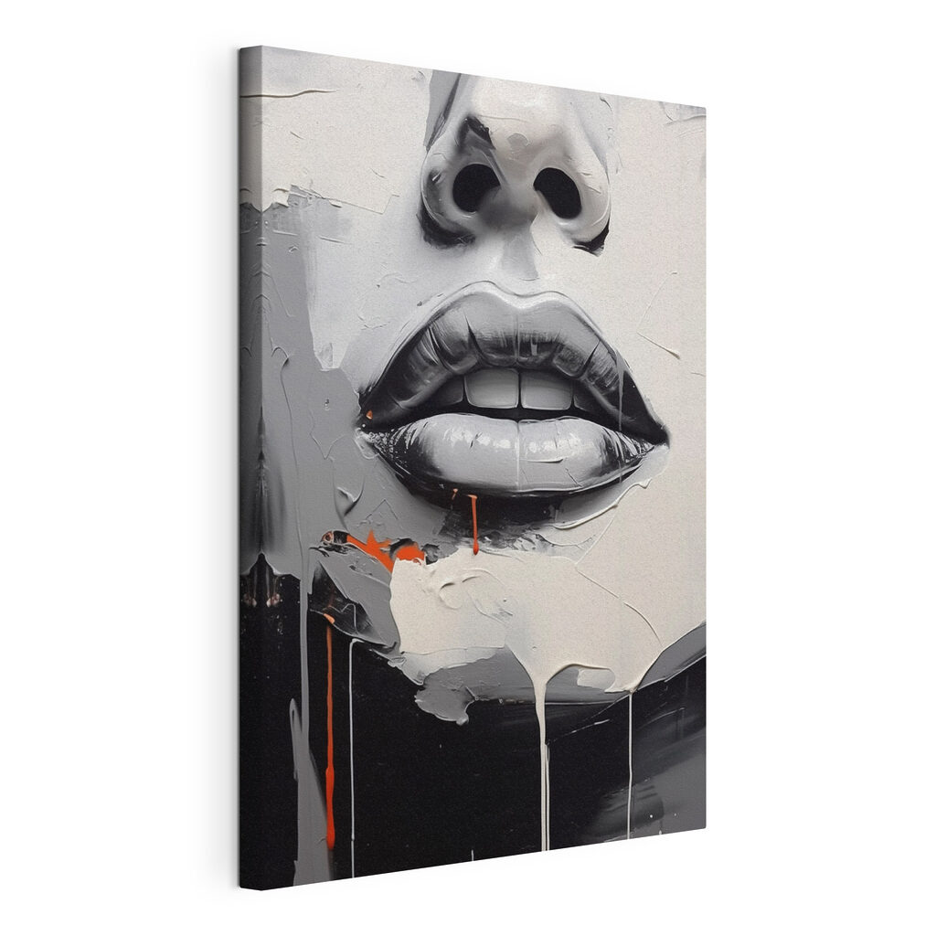 Donkere lippen in grijs, gespannen canvas met doorlopende rand