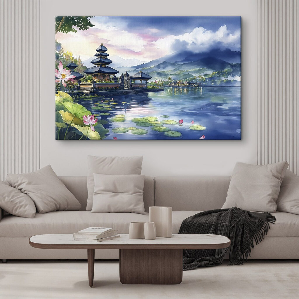 Aquarelverfschilderij van een meer met een pagode en leliebladzijden in een interieur