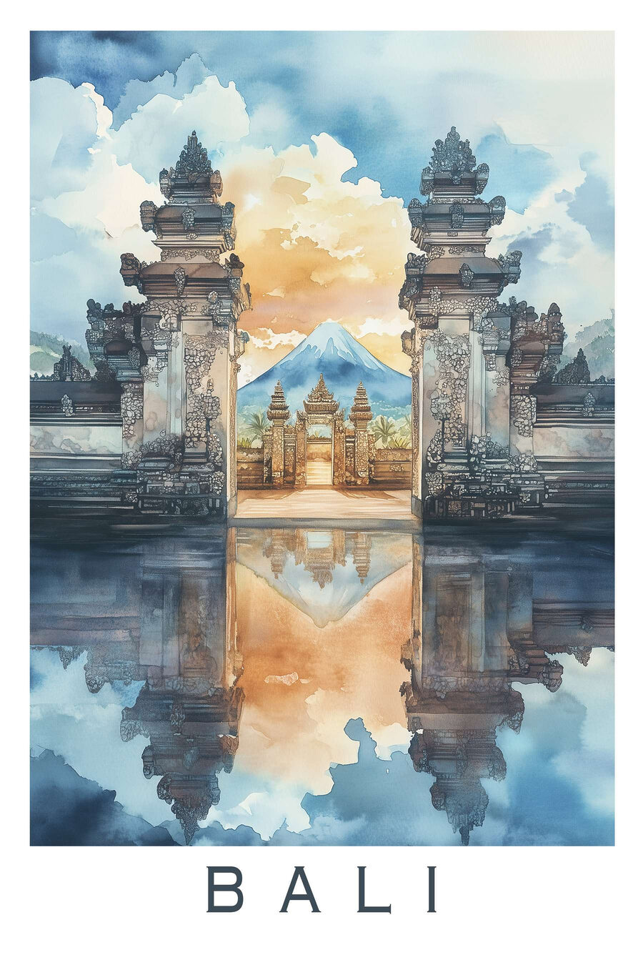 Balipoort in blauwe aquarel — volledig ontwerp