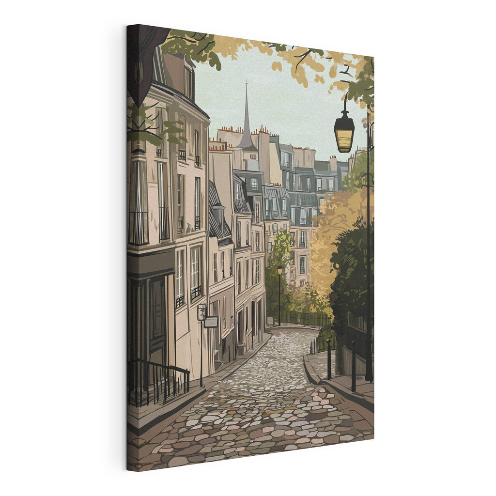 Stille trappenstraat in herfsttinten, gespannen canvas met doorlopende rand