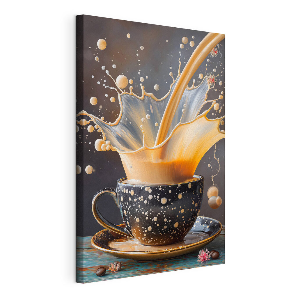 Melk spat uit koffiekop, gespannen canvas met doorlopende rand