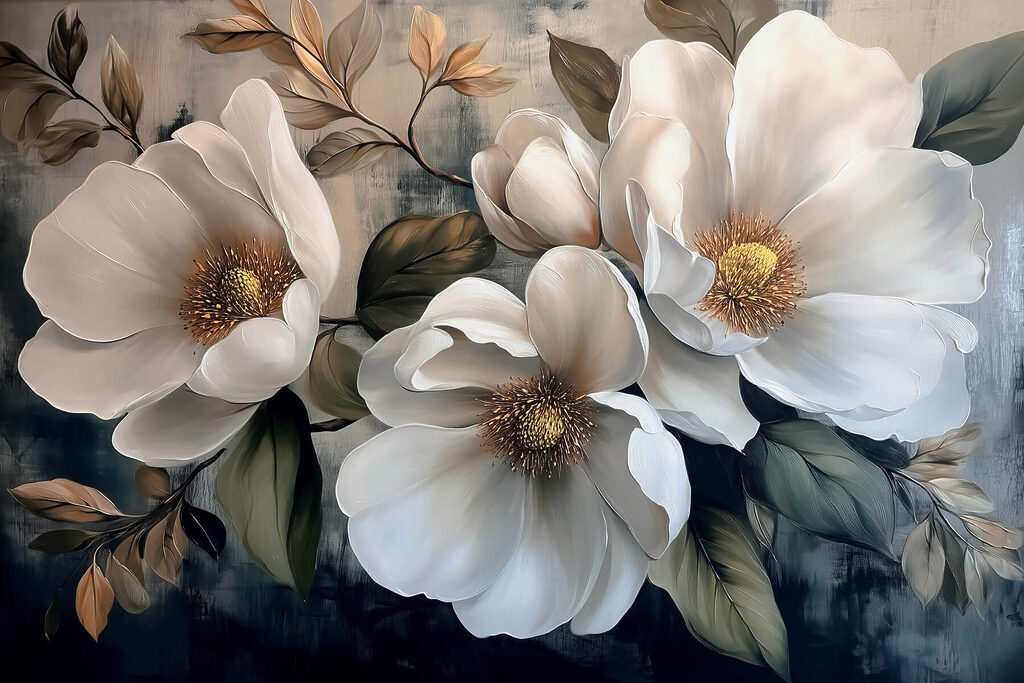 Witte bloemen tussen bladeren — volledig ontwerp