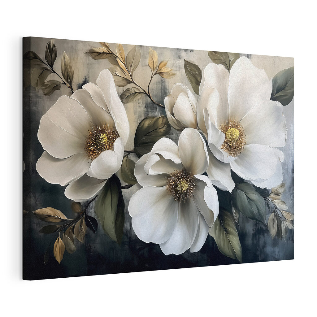 Witte bloemen tussen bladeren, gespannen canvas met doorlopende rand