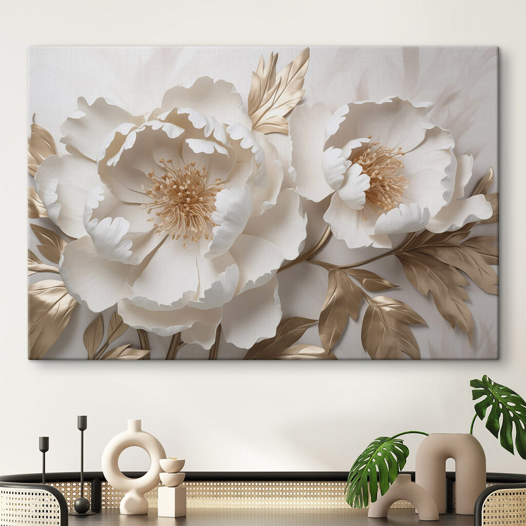 Roomwitte pioenen met goudblad — interieur 1