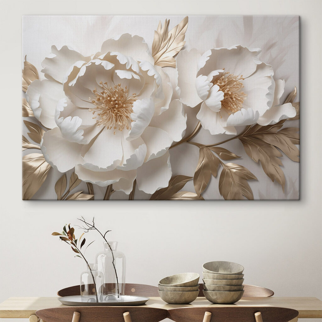 Roomwitte pioenen met goudblad — interieur 2