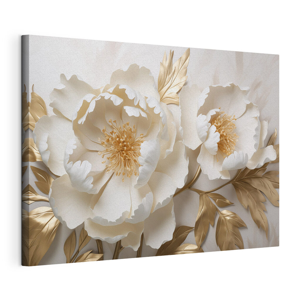 Roomwitte pioenen met goudblad, gespannen canvas met doorlopende rand