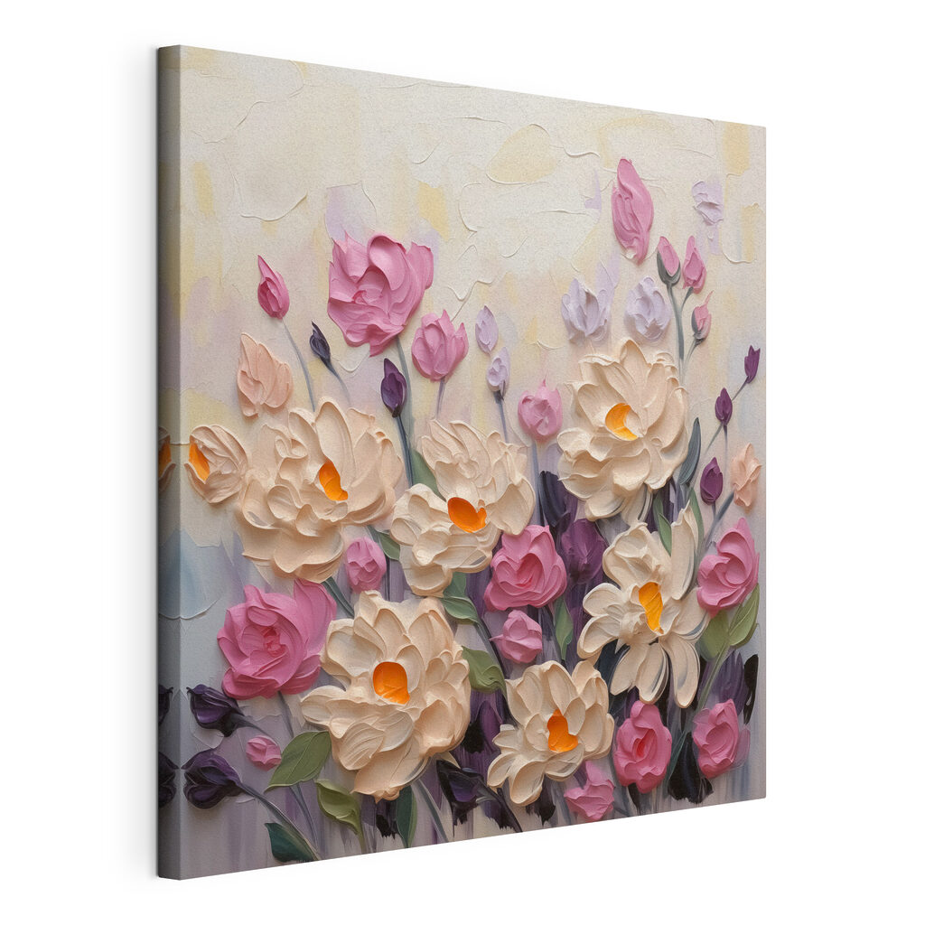 Roze bloemen in pastelflarden, gespannen canvas met doorlopende rand