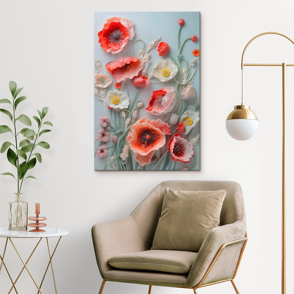 Koraalklaprozen op salieblauw — interieur 1
