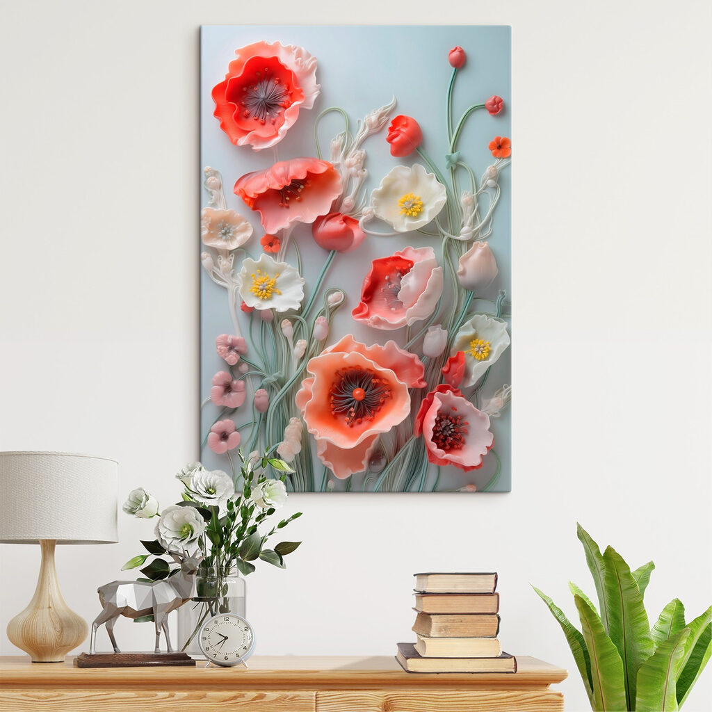 Koraalklaprozen op salieblauw — interieur 2