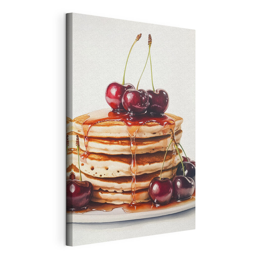 Pannenkoeken met glanzende kersen, gespannen canvas met doorlopende rand