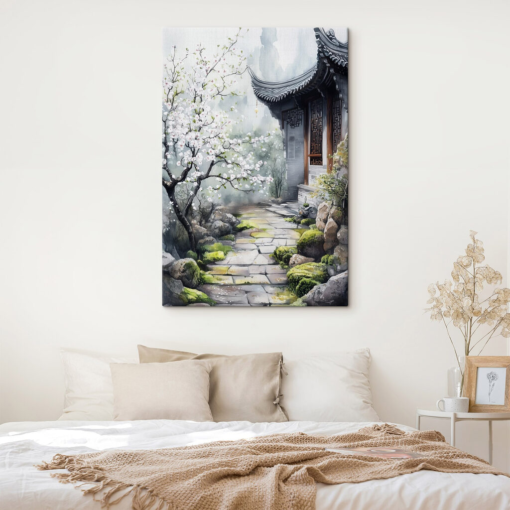 Bloesempad naar donkere tempelpoort in een interieur
