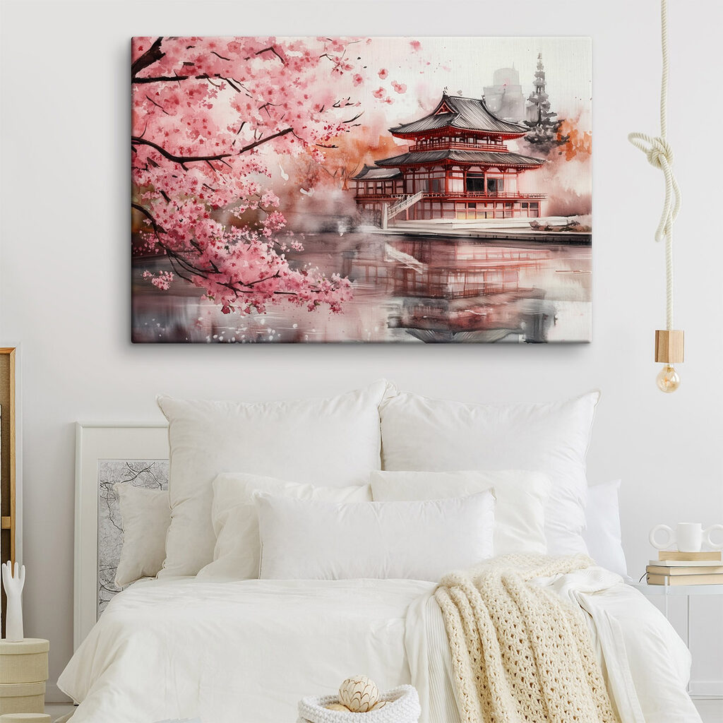 Aquarelverfschilderij van een gebouw en een kersenbloesemboom in een interieur
