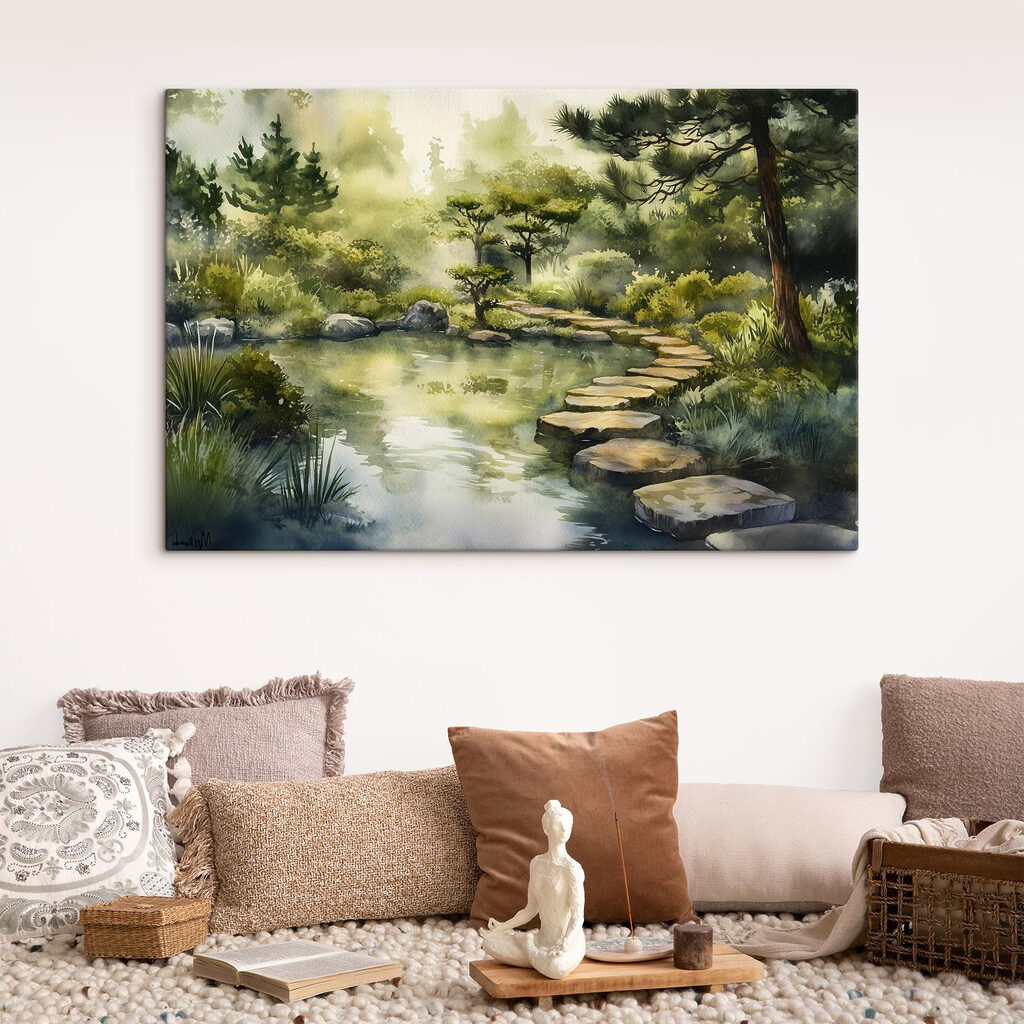 Aquarelverfschilderij van een pad naar een vijver in een interieur