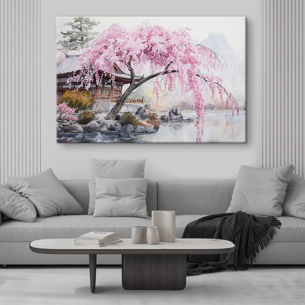 Aquarel van een boom met roze bloemen in een interieur