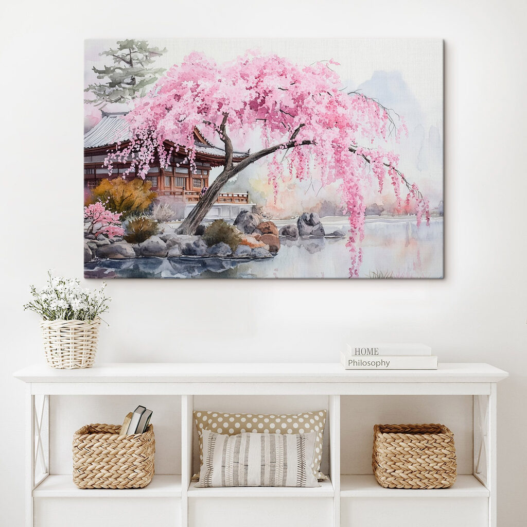 Roze treurboom bij tempelwater — interieur 2